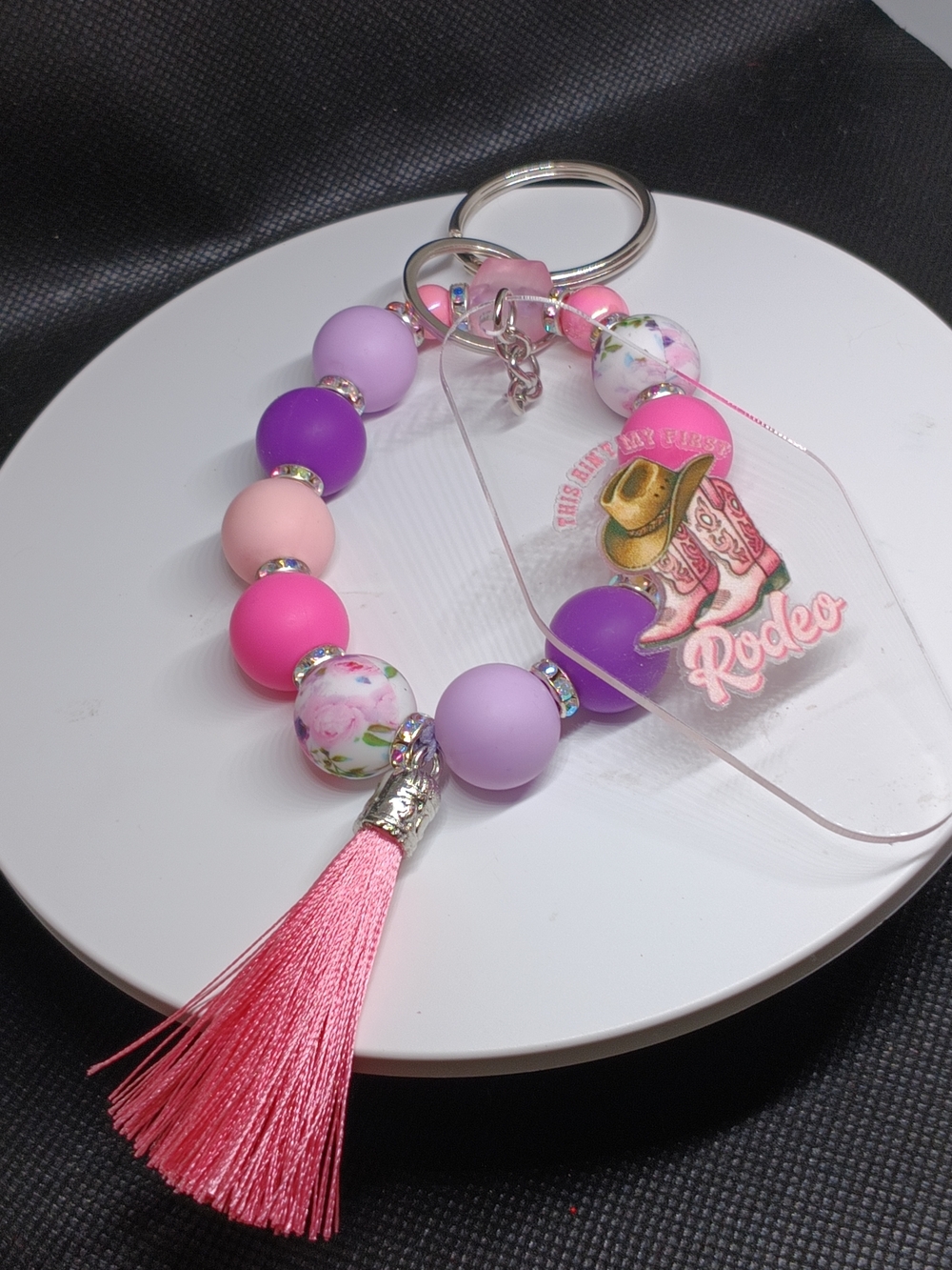 Pink & Purple Beaded Tassel Keychain with Floral Accents